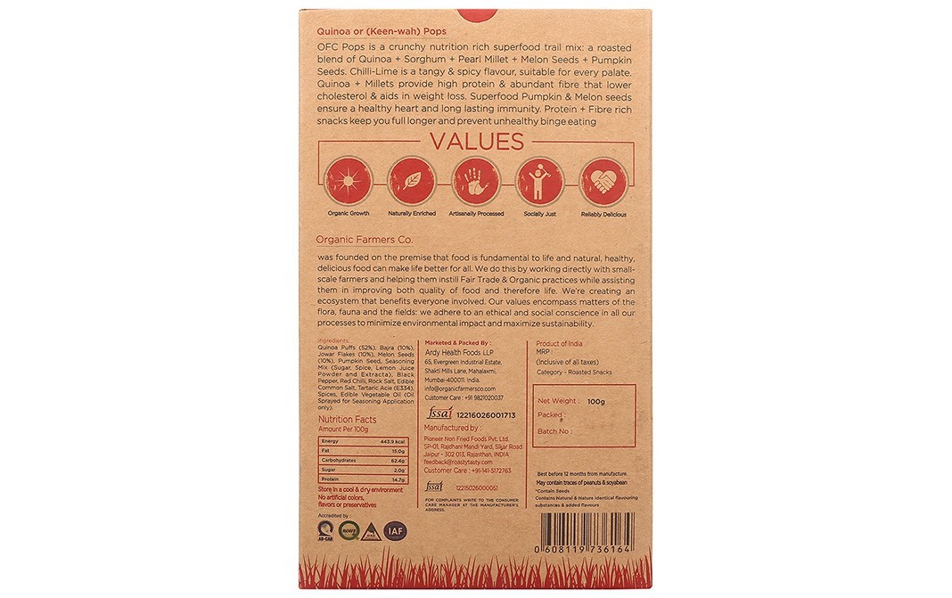 Organic Farmers Co. Pops Chilli-Lime Quinoa + Sorghum + Pearl Millet Melon + Pumpkin Seeds   Box  100 grams